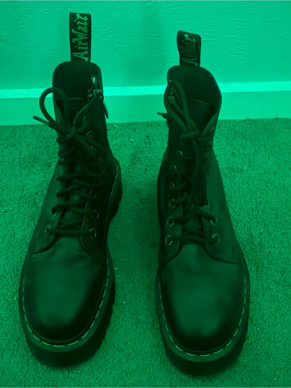 Dr. Martens Black Lace-Up Leather Combat Boots with Yellow Stitching